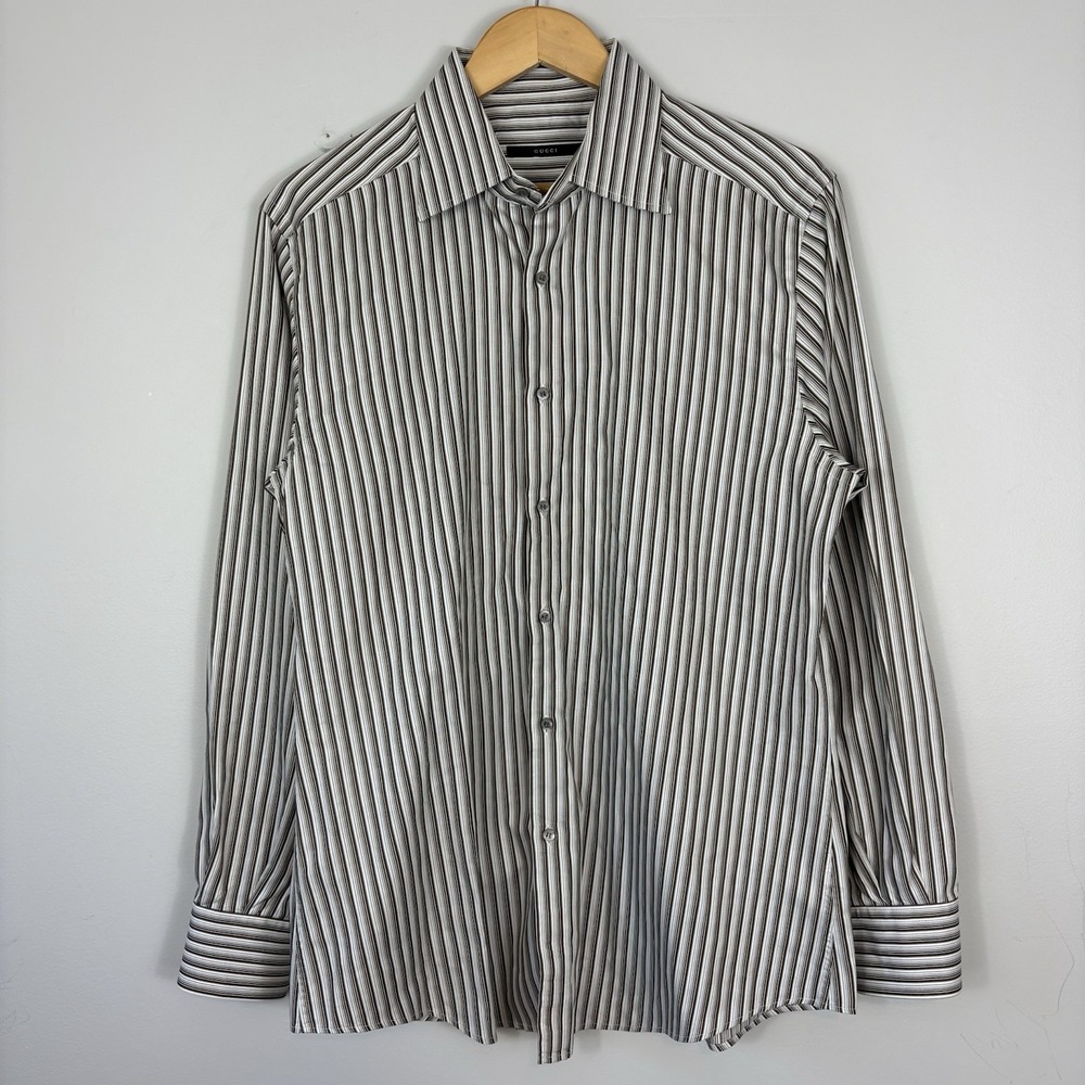 Gucci‎ Long Sleeve Button Down Shirt Brown White Striped Cotton Size 43 / 17